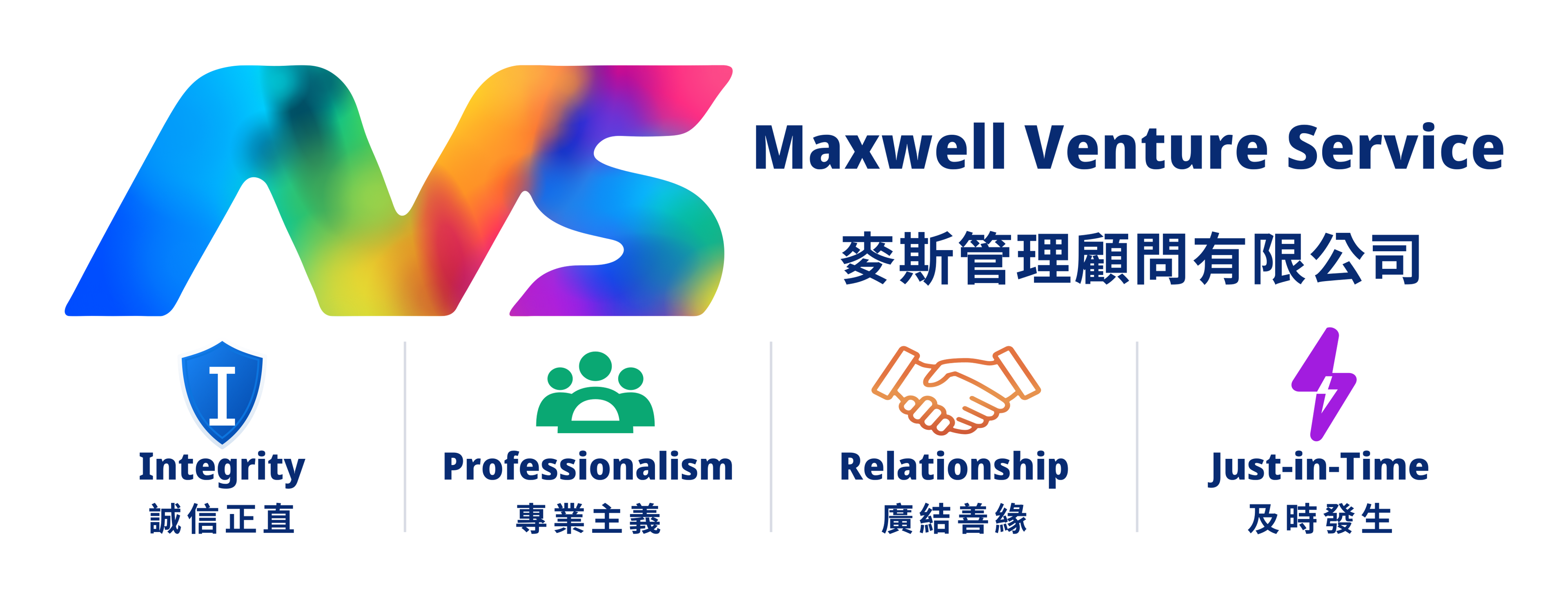 MVS 第二代企業識別完整系統：彩色標誌、公司中英文名稱與誠信正直、專業主義、廣結善緣、及時發生四項核心價值。